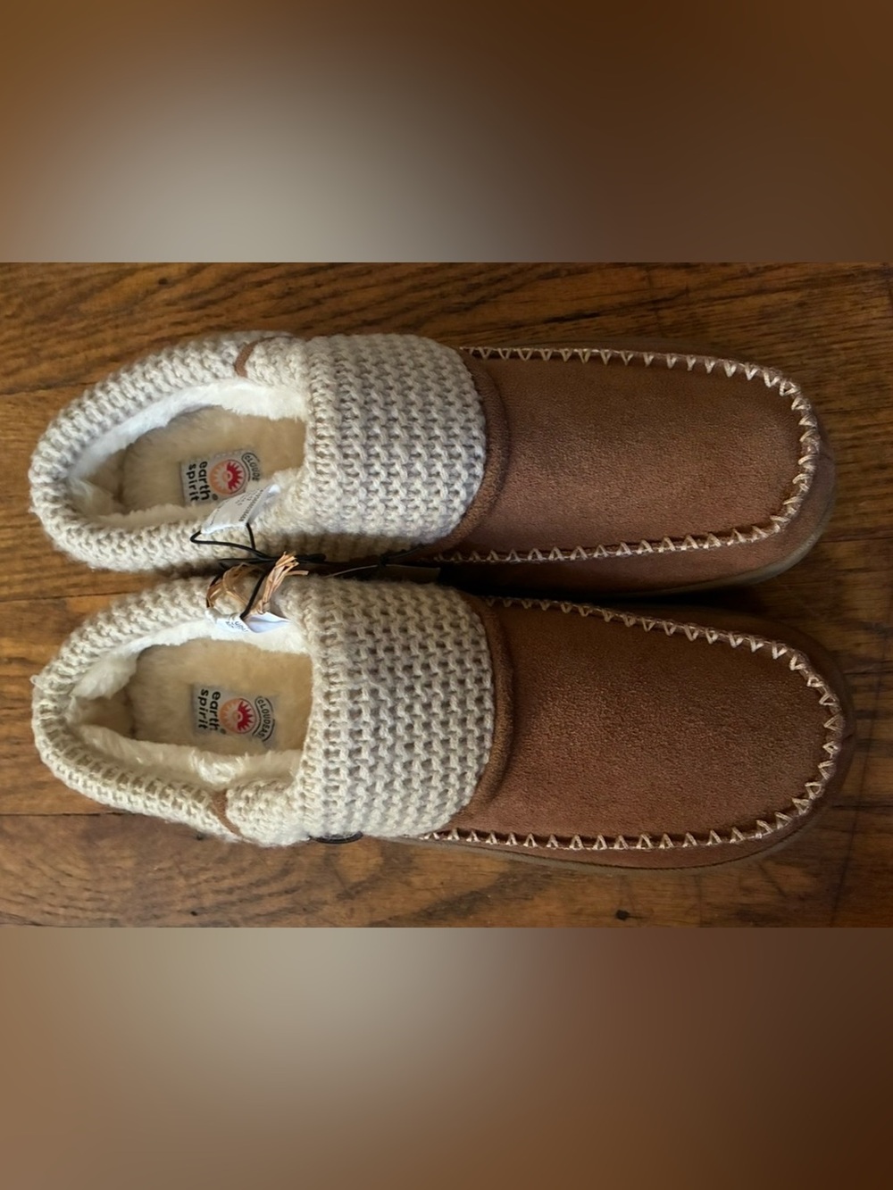 Earth Spirit Men's Brown Suede Slip-On Slippers with Cream Knit Cuff